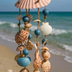 May include: A hanging mobile crafted from natural seashells and blue wooden beads suspended on jute twine. The structure features a large, fan-shaped pink shell at the top, with multiple strands dangling various spotted, white, and blue shells.