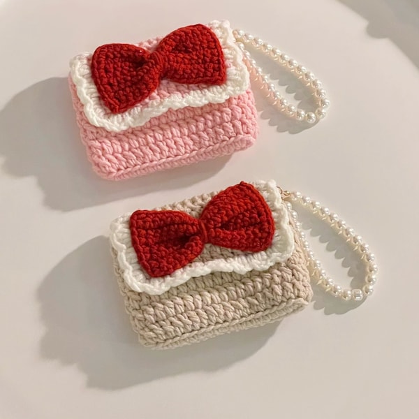 Crochet Bow Tie and Pearl Chain Pouch | Cards Holder | Coins Purse Pouch | AirPods bag | Keys bag | Make-up bag | Makeup bag | Lipstick bag