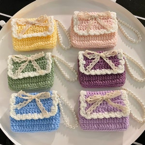 Crochet Bow Tie and Pearl Chain Pouch | Digital Camera Bag | Cards Holder | Coins Purse Pouch | AirPods bag | Keys bag | Makeup bag | Gifts