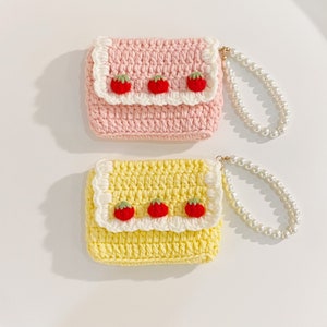 Strawberry Pearl Chain Crochet Pouch | Digital Camera Bag | Cards Holder | Coins Purse Pouch | AirPods bag | Keys bag | Makeup bag | Gifts