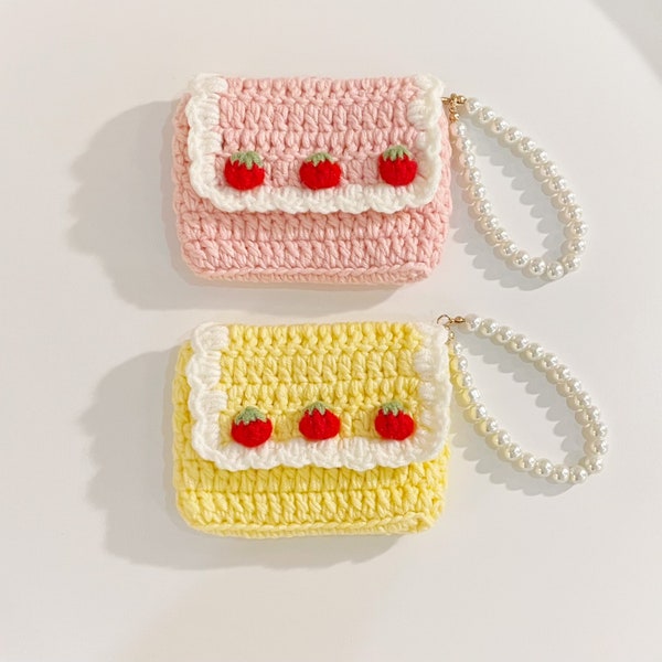 Strawberry Pearl Chain Crochet Pouch | Cards Holder | Coins Purse Pouch | AirPods bag | Keys bag | Make-up bag | Makeup bag | Lipstick bag