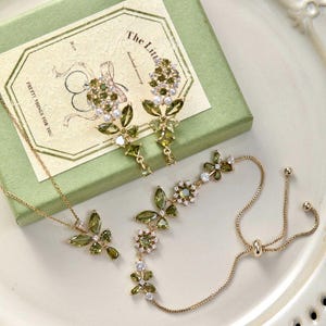 Olive Green Zircon Jewelry Set: Original Design Necklace, Bracelet, Earrings, Bridal Jewelry, Birthday Gifts