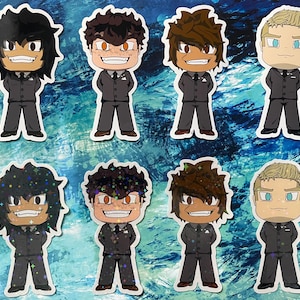 May include: Eight cartoon character stickers featuring a variety of hairstyles and facial expressions. The characters are all wearing black suits and white shirts. The stickers are printed on a white background.