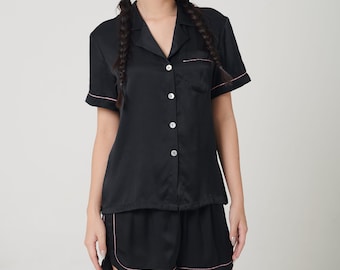 Mulberry Silk Short Pajama Set: Button-Down Black Sleepwear. Black silk pajama, black short sets, Christmas gifts.