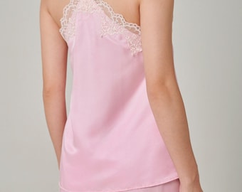 Pink Silk Camisole Set: Lace Sleepwear, 22 Momme Mulberry Silk. Christmas gifts.