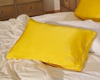 Hand Embroidered Mulberry Silk Pillowcase: 19 Momme Charmeuse Silk