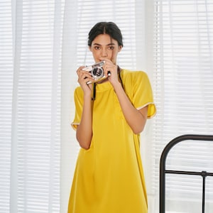 Yellow Silk Tee Dress, 100% Mulberry Silk sleepwear, floral hand embroidery, Short sleeve silk tee dress, Valentine’s Day gift.