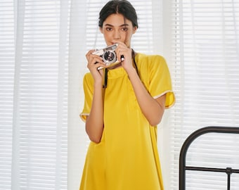 Yellow Mulberry Silk Tee Dress: Hand Embroidered Sleepwear. Christmas gifts.