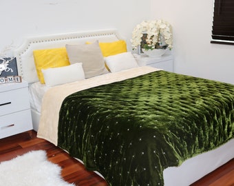 Olive Silk Velvet Quilted Blanket: Reversible Mulberry Silk