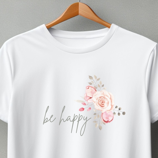 T-Shirt Damen Spruch "be happy", Sommershirt mit Blumen, T-Shirt Statement weiß und rose, Trend Tshirt oversize, T-Shirt Summervibes Flowers