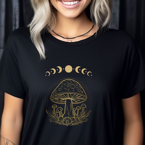 Nostalgia vintage shirt moon phases mushroom, oversized retro top, nature lover gift, dark academia casual celestial, cool graphic T-Shirt