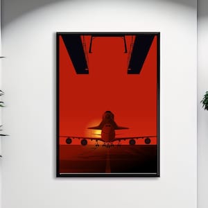 Op de afbeelding: Een zwart-witte illustratie van een spaceshuttle die opstijgt tegen een rode zonsondergang achtergrond. De shuttle is gesilhouetteerd tegen de zonsondergang, met het landingsgestel naar beneden en de motoren aan. De afbeelding is ingelijst in een zwart frame.