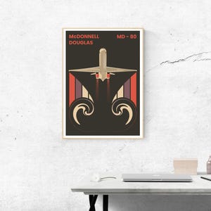 May include: A vintage-style poster featuring a McDonnell Douglas MD-80 airplane in flight. The poster has a dark background with red, orange, and purple stripes and a stylized design of the airplane's exhaust.