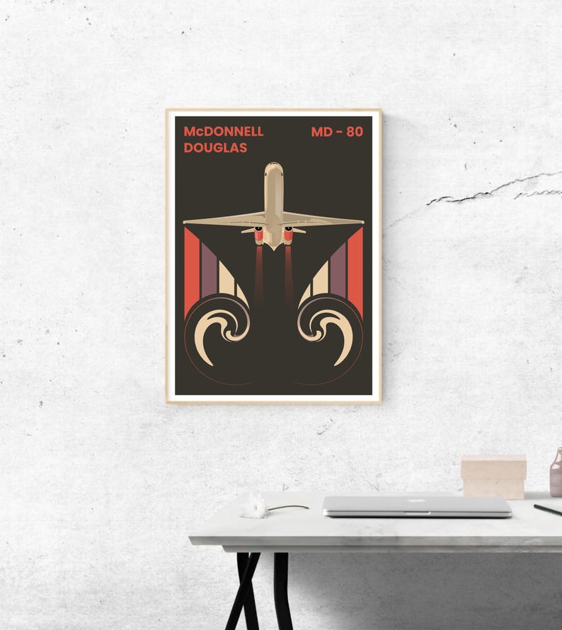 May include: A vintage-style poster featuring a McDonnell Douglas MD-80 airplane in flight. The poster has a dark background with red, orange, and purple stripes and a stylized design of the airplane's exhaust.