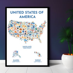 Us Map Poster, Usa Karte Wandkunst, Usa Karte Druck, Usa Karte Wanddekor, Illustrierte Karte von USA, Pädagogische Karte der USA, Karte USA Geschenk