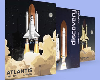 Space Shuttle Art Print Set: Challenger, Atlantis, Discovery (A4 PDF)