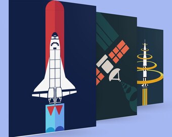 Set di stampe Space Shuttle: arte minimalista di razzi e satelliti (PDF A4)