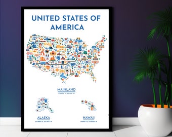 Impresión de mapa ilustrado de EE. UU.: Lugares de interés educativos de EE. UU. (Descarga en PDF)