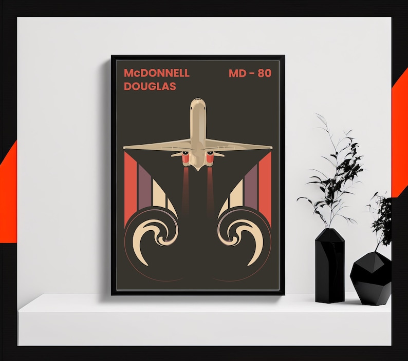 May include: A vintage-style poster featuring a McDonnell Douglas MD-80 airplane in flight. The airplane is white with red accents and is flying over a dark background with stylized waves. The poster has the text "MCDONNELL DOUGLAS" and "MD-80" in red.