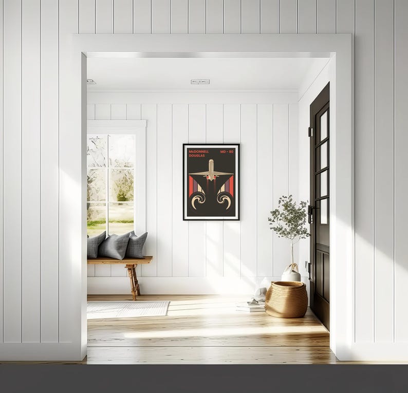 May include: A black and white poster with a red and white airplane design. The poster is titled "BALLOONSHELL DOUGLAS" and has a red and white design with a black background.