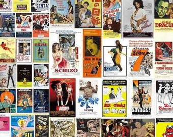 Könnte beinhalten: Eine Collage aus Vintage-Filmplakaten mit einer Vielzahl von Genres, darunter Horror, Action und Drama. Die Poster sind in einem Raster angeordnet und zeigen eine Vielzahl von Farben und Designs. Einige der Titel sind "Shaft", "Fly Girls", "Schizo", "Dracula", "Sensualist" und "Super Man".