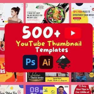 Puede incluir: Un collage de plantillas de miniaturas de YouTube coloridas con texto que dice "500+ Plantillas de miniaturas de YouTube" y "Ps Ai". Las plantillas presentan varios diseños y temas, que incluyen fitness, comida y moda.