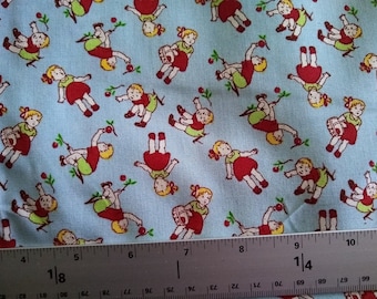 Cotton, Cute little Retro Kids on light blue background, quilting, craft, clothing fabric by the half yard