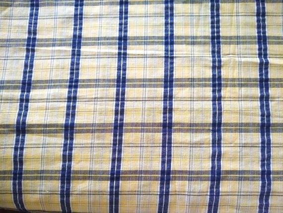 Poly/ Cotton Seersucker Fabric, Yellow White Navy Plaid, 60 inch piece x 57" wide Remnant, So versatile