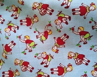 Cotton, Cute little Retro Kids on light blue background, quilting, craft, clothing fabric by the half yard
