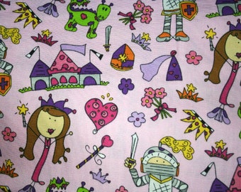 One yard Girly light pink Castle Kingdom Princess Knight Heavy Cotton fabric. OOP 36" x 44" wide