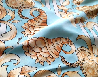 Aqua Gold Damask Satin fabric in squares Polyester, by the yard or 8x44 for squares