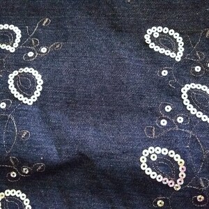 Denim with paisley holographic iridescent sequins craft, clothing fabric One Yard and 15 inches piece (51 inches)