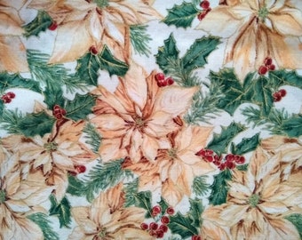Gold Poinsettias Christmas cotton fabric OOP, 15x40" remnant, has metallic gold outlines