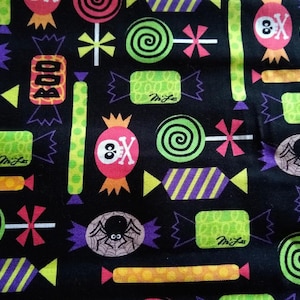 M'Liss Halloween print fabric OOP Fat Quarter FQ piece 18" x 22". Spiders Webs skulls Candy