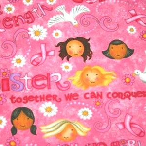Pink Ribbon Breast Cancer Awareness fabric cotton. Strength Courage Faces  OOP 18&quot; x 22&quot; Fat Quarter, & Remnant 28 x 44&quot; (3/4 yd)
