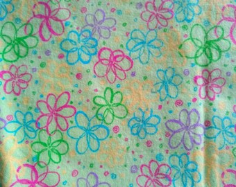 Cute flowers Flannel 1+ yards (38x43), Lime green with multi color scribble flowers; quilting, clothing, crafts