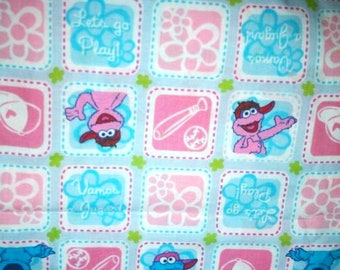 Sesame Street Baby's Kid's print cotton fabric. OOP piece 20" x 30". Remnant White Pink Light Blue