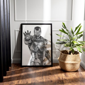Cartel de Iron Man / Impresión de arte / Dibujo de Iron Man / dibujo a lápiz / Impresión en blanco y negro / Dibujo de superhéroe / Idea de regalo / Dibujo de grafito