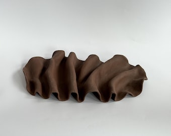 Ceramic Catchall Tray, Sculptural Entryway Dish for Keys, Handmade Dark Brown Stoneware Decor for Designers | Sculptural Tray