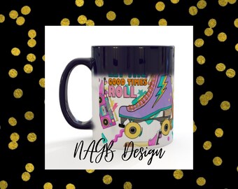 Let the good times roll 80's/90's vintage magic heat mug cup gift christmas birthday roller skates boom box