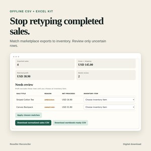 Peut inclure: Une interface numérique pour un kit CSV et Excel hors ligne intitulé Stop retyping completed sales. L'écran affiche des données de correspondance d'inventaire avec des champs pour les ventes importées, le brut, le profit et les articles à réviser.
