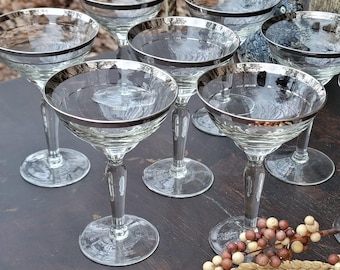 Vintage Silver Banded Cocktail Champagne Glasses - Set of 8 Retro Barware, Martini Drinks
