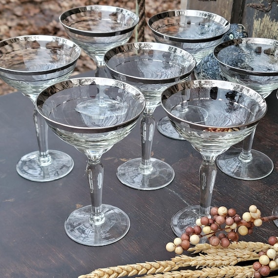 Vintage Silver Banded Cocktail Champagne Glasses - Set of 8 Retro Barware, Martini Drinks