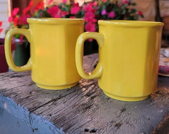 Vintage Cheery Morning Yellow Hexagon Mugs,  Made in England,  Large Handle, His Hers Mugs, Set of 2