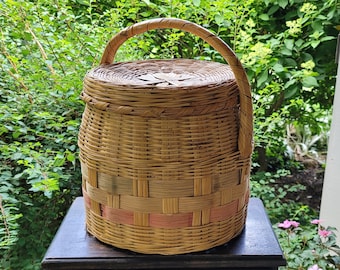 Vintage Large Round Drum Style Storage Basket with Lid and Colorful Bottom Weaving Strips