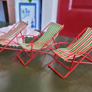Vintage Dollhouse Beach Chairs: Miniature Striped Canvas Lounge Chairs, Set of 3 MCM Toy Furniture