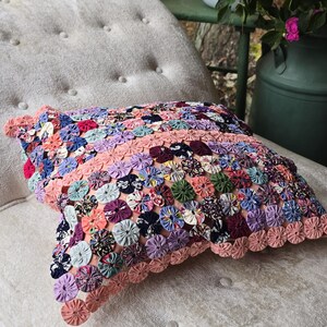 Vintage Yo-Yo Quilted Pillow: Handmade Pink Cottage Core Throw Cushion