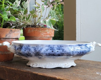 Flow Blue Tureen, Oval Vegetable Tureen, Antique New Wharf Pottery, English Flow Blue, Monarch Pattern, Antique Serving Bowl, No Lid