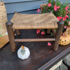 Vintage Woven Seat Wooden Stool: Rustic Boho Foot Rest