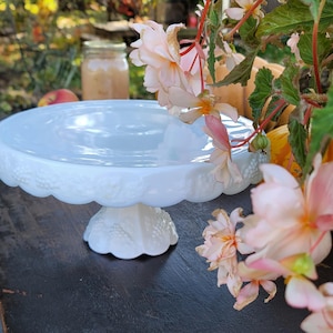 Vintage Milk Glass Cake Stand, Pedestal Stand, Dessert Plate, Wedding Dessert, Westmoreland Glass Scalloped Skirted Salver